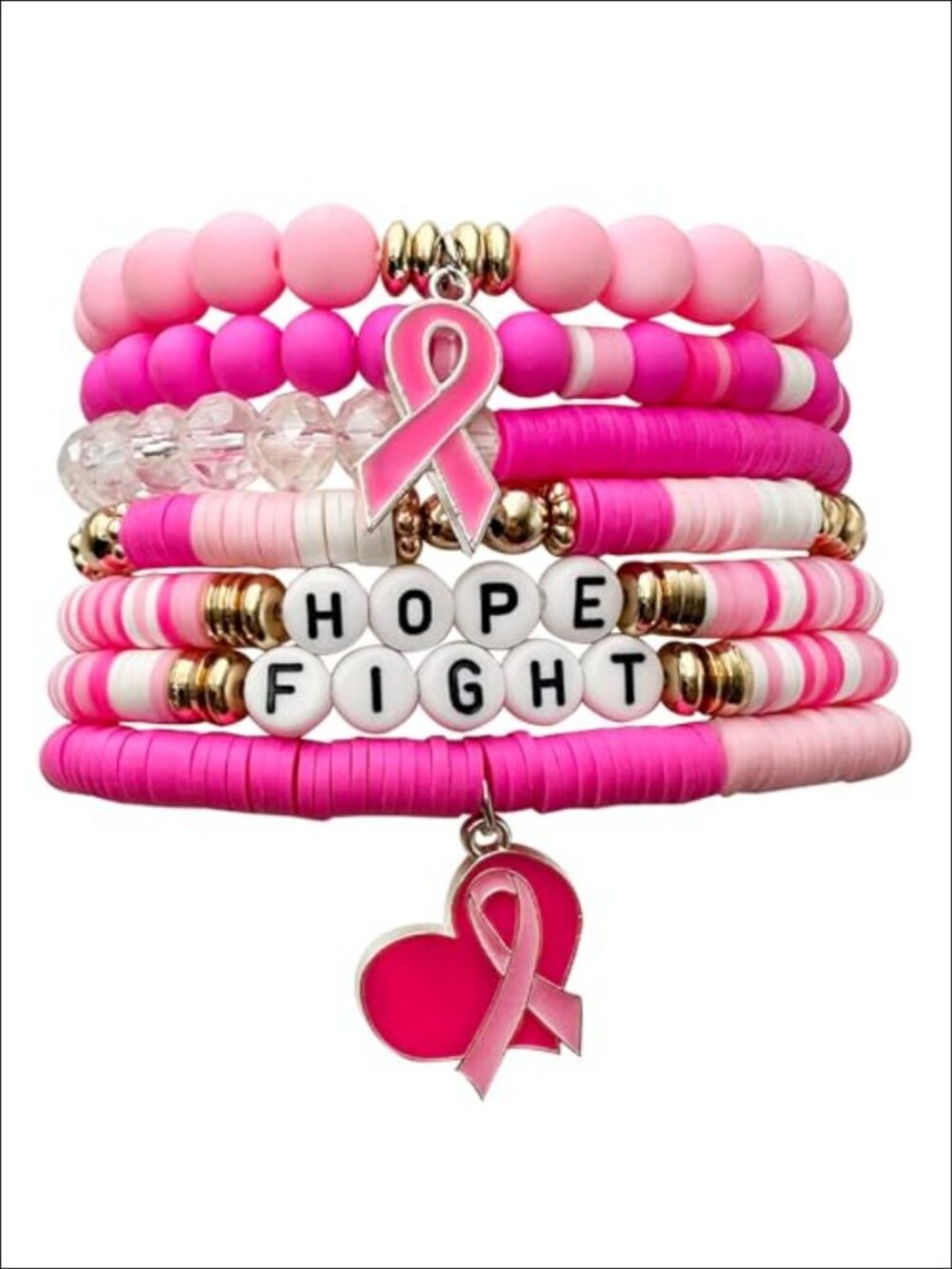 Pink Ribbon Breast Cancer Awareness Stretch Bracelet Polymer Clay Support